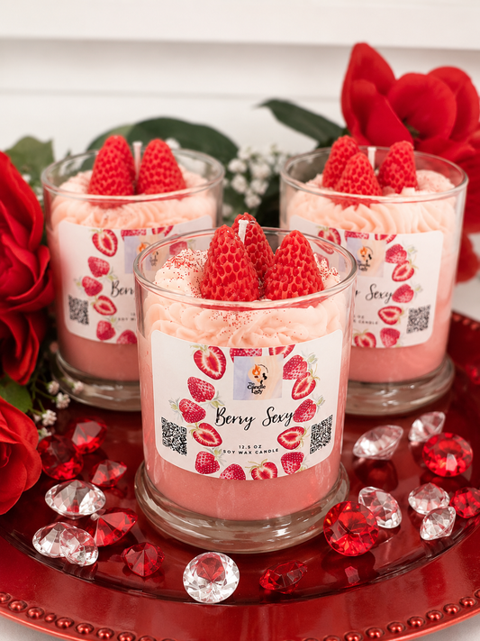 Strawberry dessert candles on a tray labeled Berry Sexy