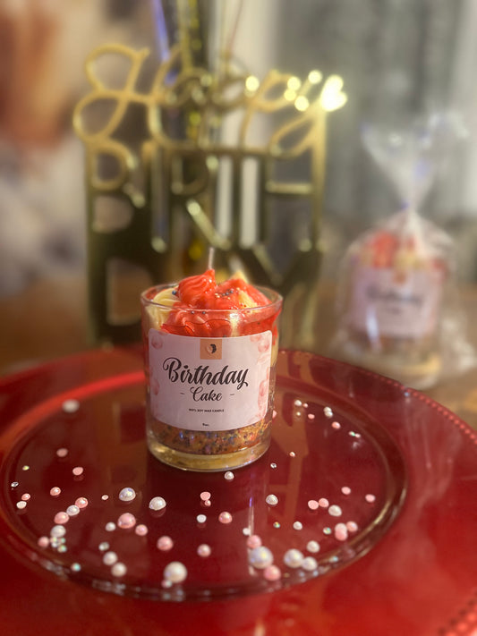 Small candle labeled 'Birthday Cake' on a red plate with a blurred 'Happy Birthday' sign in the background.