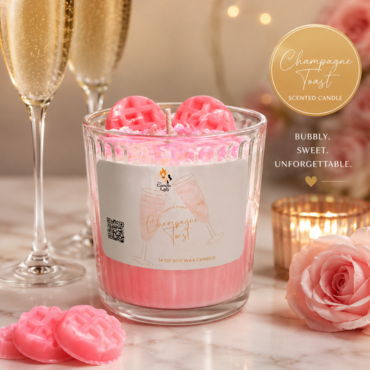 Pink scented candle with pink toast decorations on a marble surface, surrounded by champagne glasses and flowers.