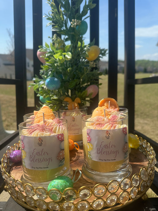 Candles labeled 'Easter Blessings' on a decorative tray with Easter eggs and a small tree in the background.