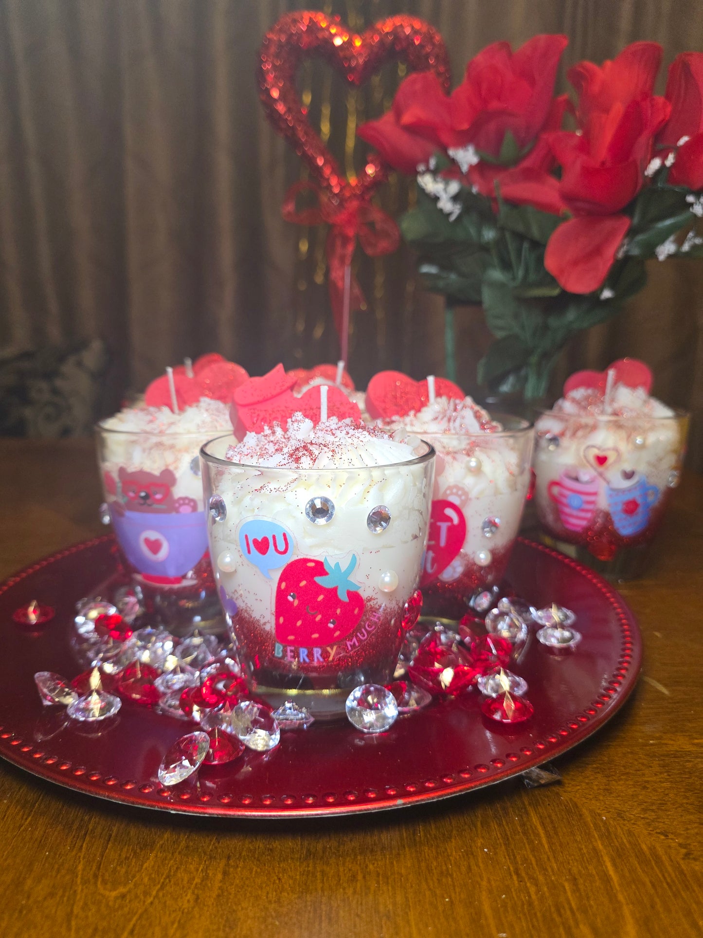 Handmade Valentines Candle with Red Hearts luxury gift