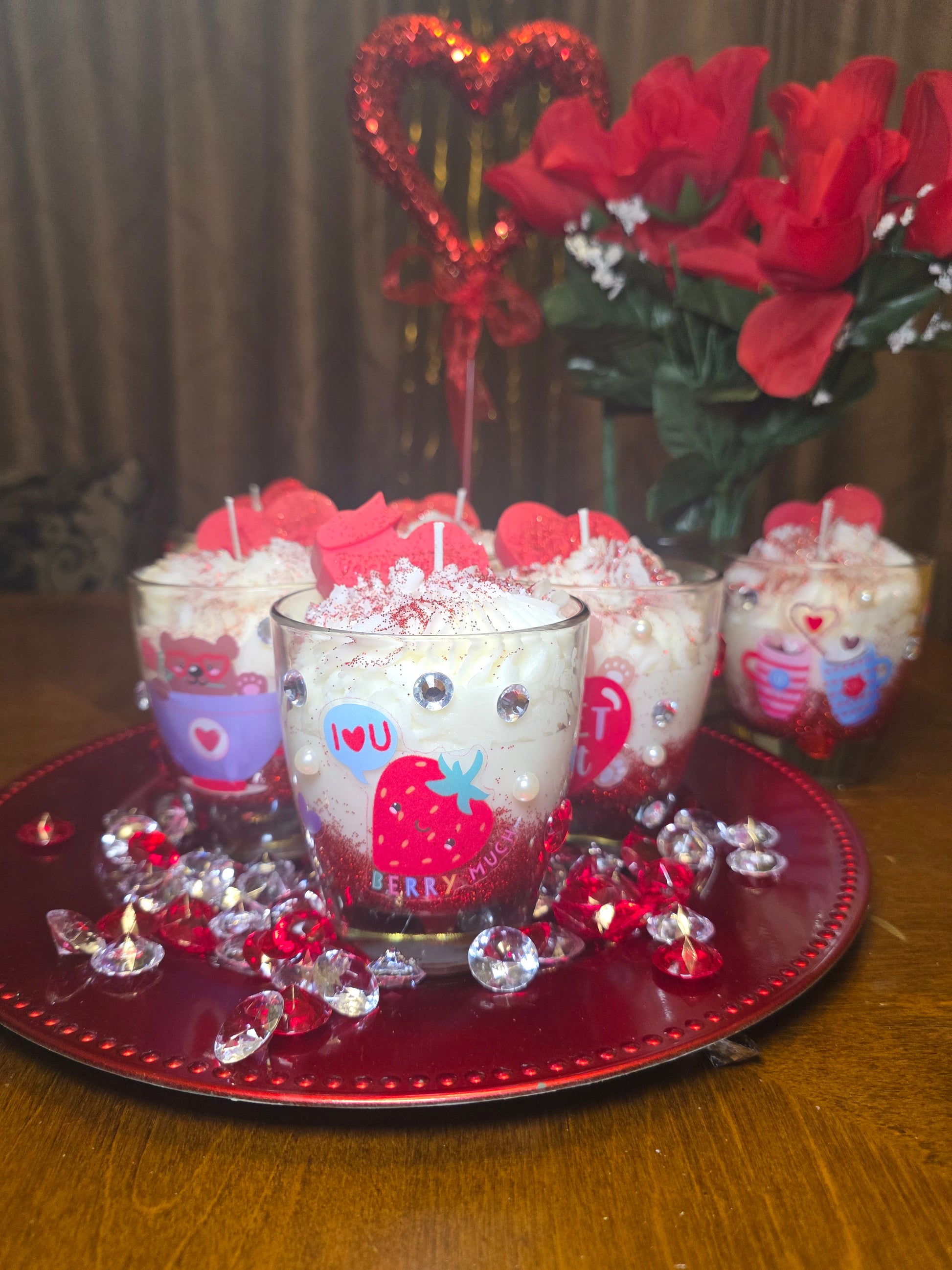 Handmade Valentines Candle with Red Hearts luxury gift