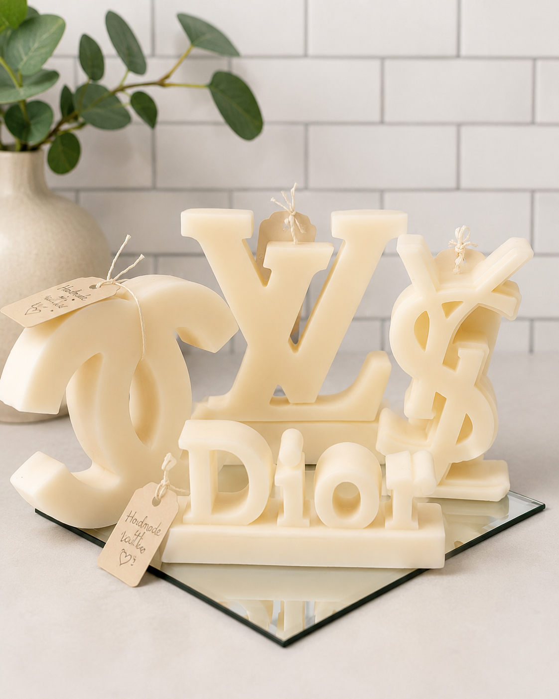 Luxury Designer Inspired Pillar Candles sitting on a tray