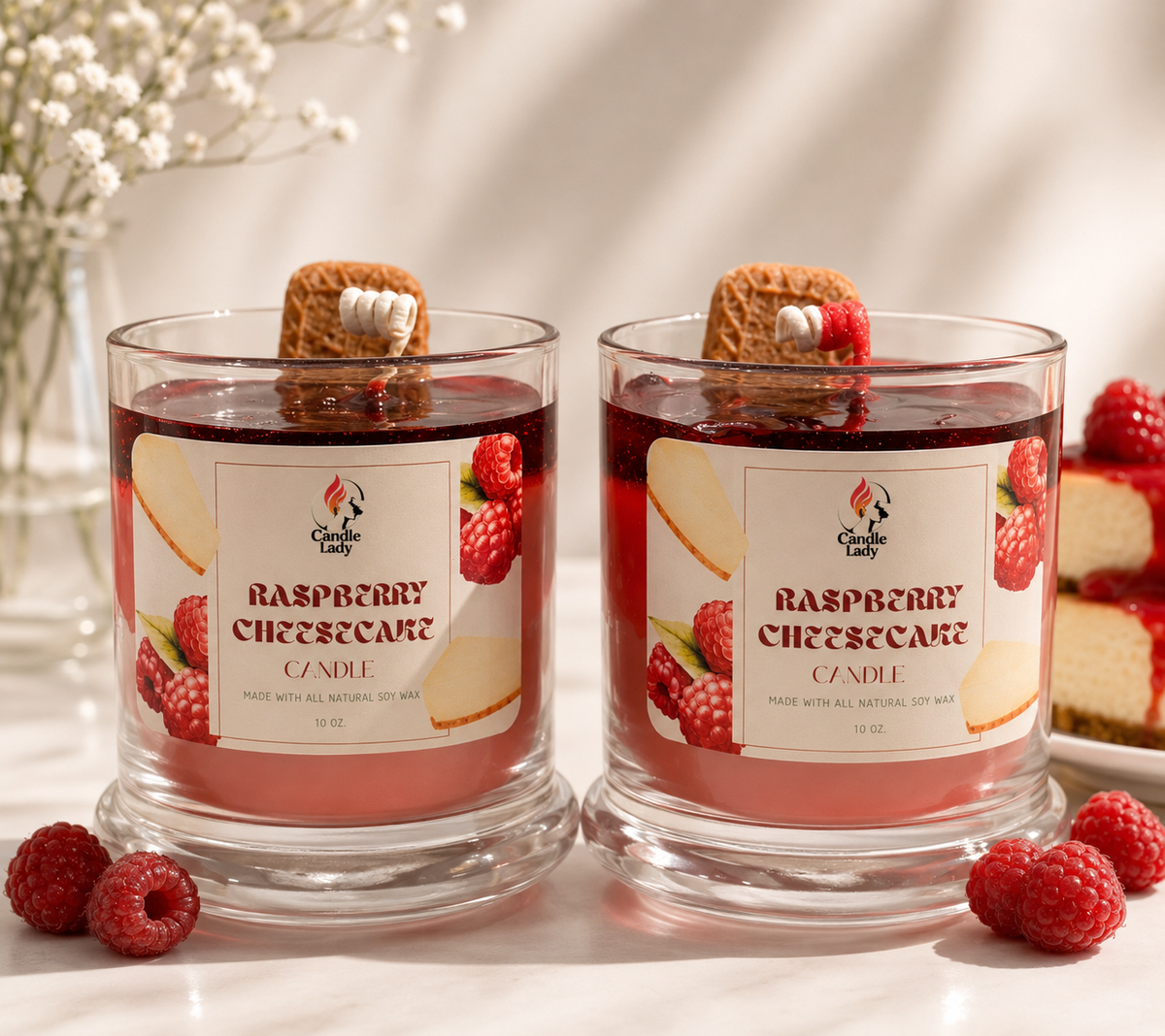 Two 'Raspberry Cheesecake' scented candles in clear glass jars with decorative labels, topped with a cookie and fresh raspberries, displayed on a white surface with loose raspberries and a slice of cheesecake in the background.