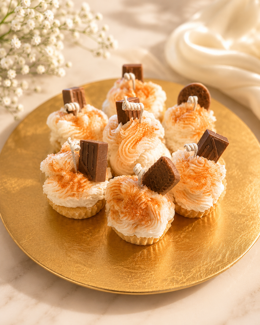 fall themed cupcake candles made with soy wax sitting on a gold tray. 