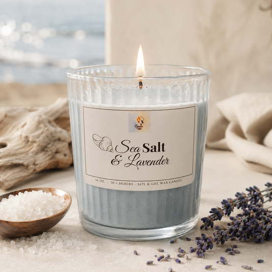 Candle labeled 'Sea Salt & Lavender' with sea salt and lavender flowers on a neutral background