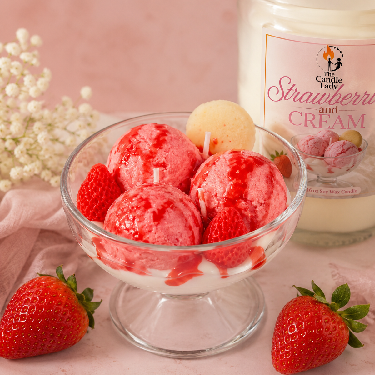 A dessert bowl filled with pink strawberry ice cream scoops, red syrup drizzle, and a small pale yellow sphere, styled with fresh strawberries and a jar candle labeled 'Strawberry and Cream' by The Candle Lady on a soft pink background.