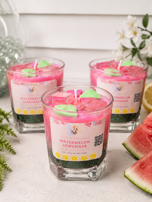 Watermelon Lemonade scented candle surrounded by juicy watermelon 