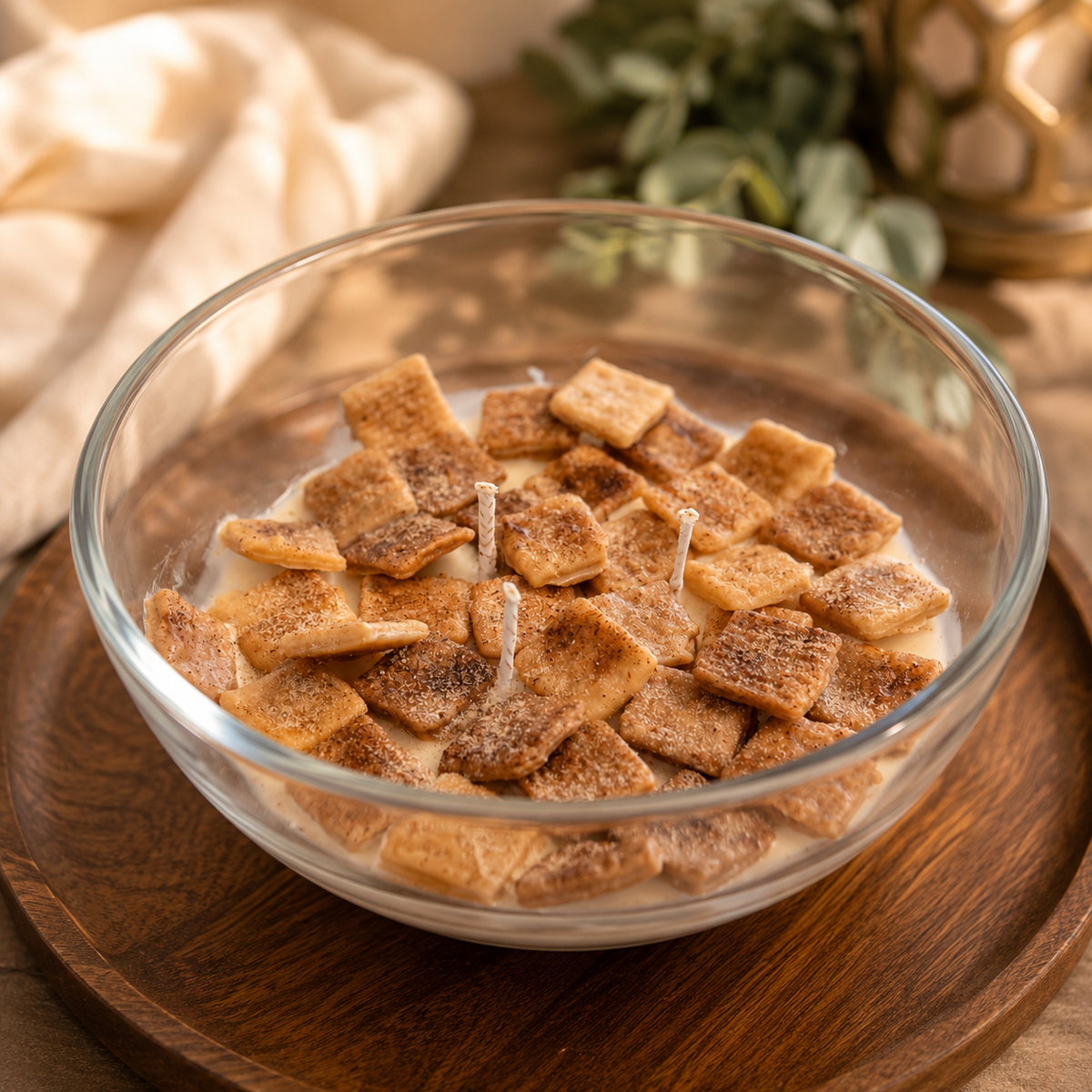 A clear glass bowl filled with a candle made to look like cereal in milk, with square brown cereal pieces on top and visible white wicks. The bowl sits on a round wooden tray with a softly blurred warm-toned background.