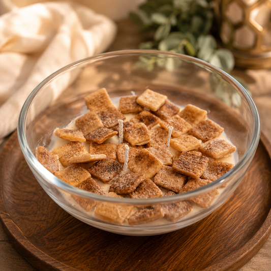 A clear glass bowl filled with a candle made to look like cereal in milk, with square brown cereal pieces on top and visible white wicks. The bowl sits on a round wooden tray with a softly blurred warm-toned background.