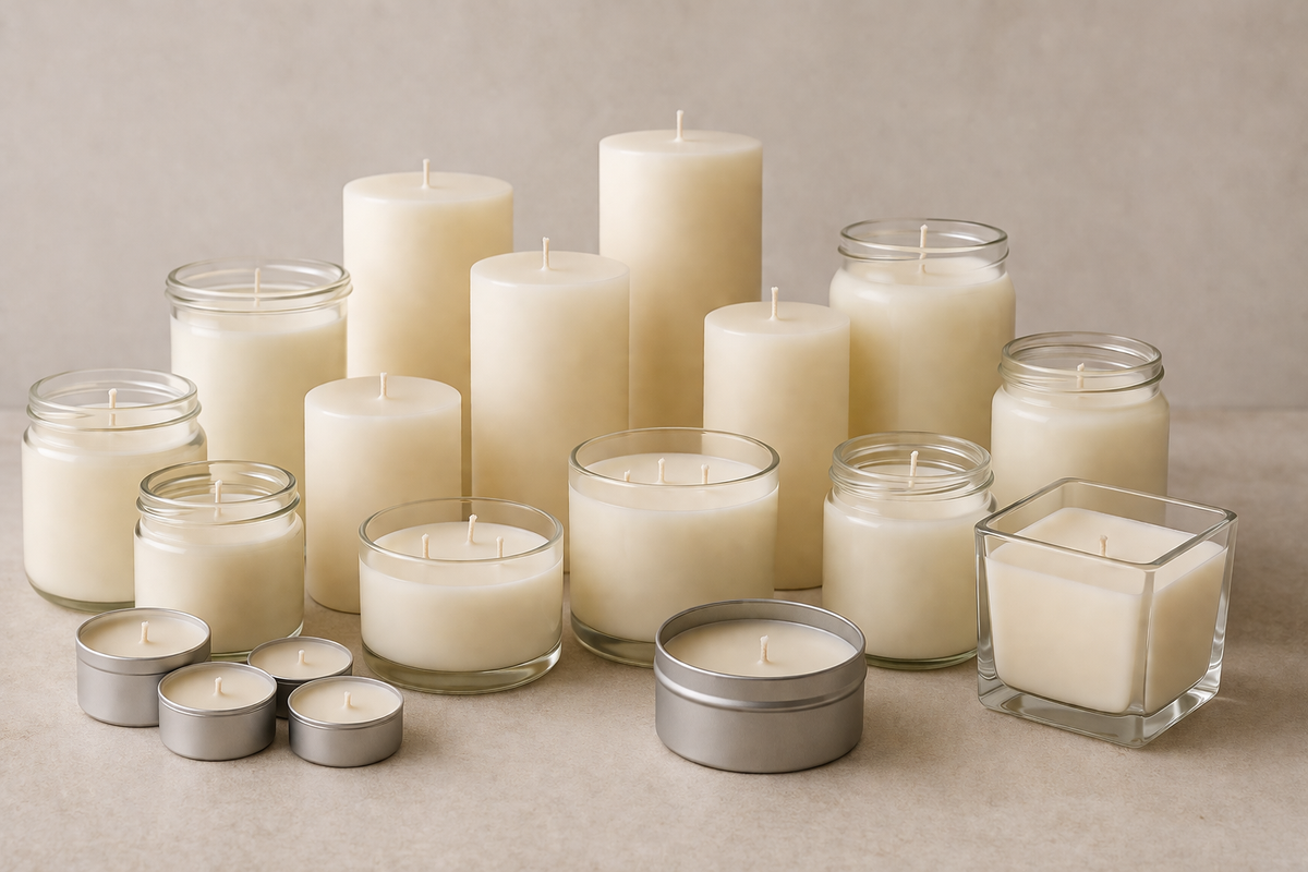 Assorted candles including various sizes and shapes on a neutral background
